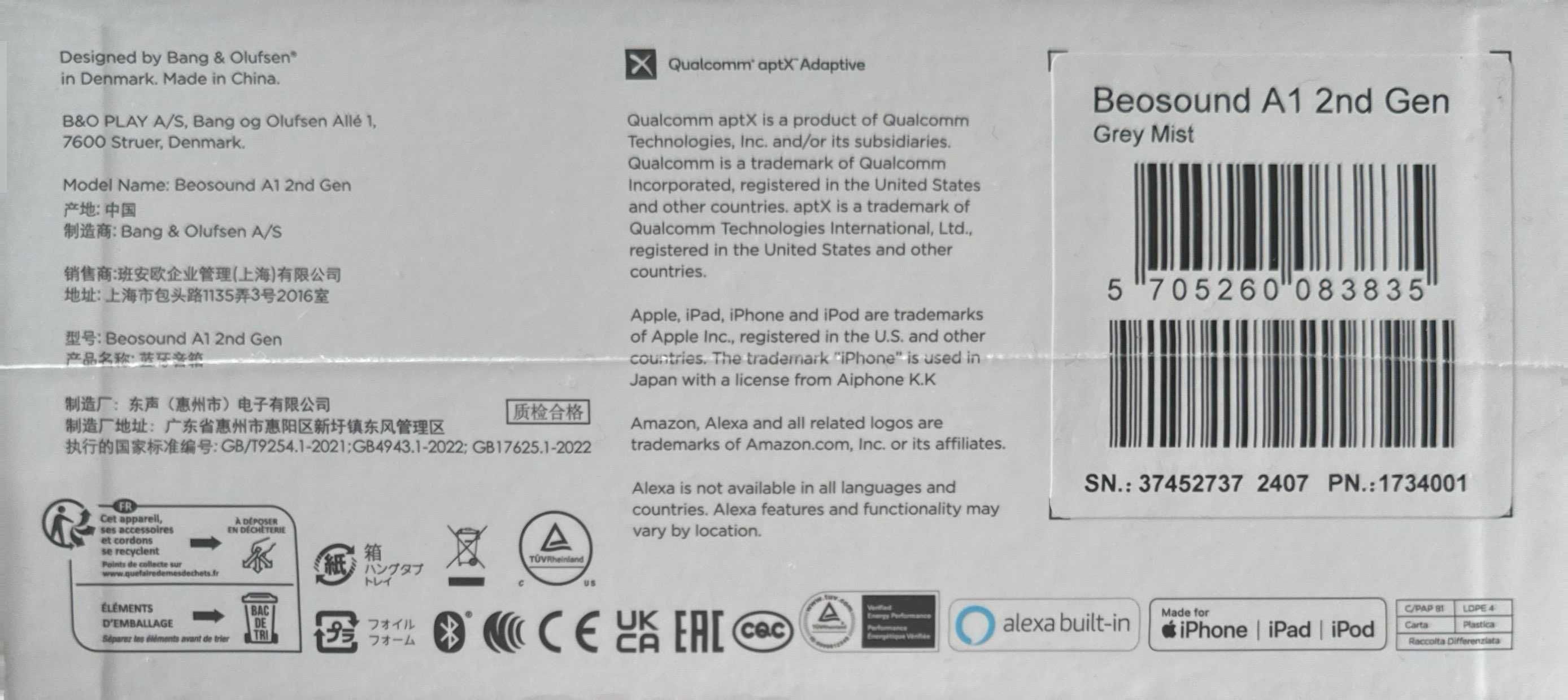 Głośnik BANG & OLUFSEN BEOSOUND A1 2 generacji szary - nowy