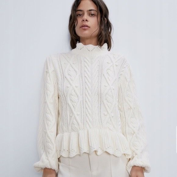 ZARA sweter elegancki z falbaną cream NOWY