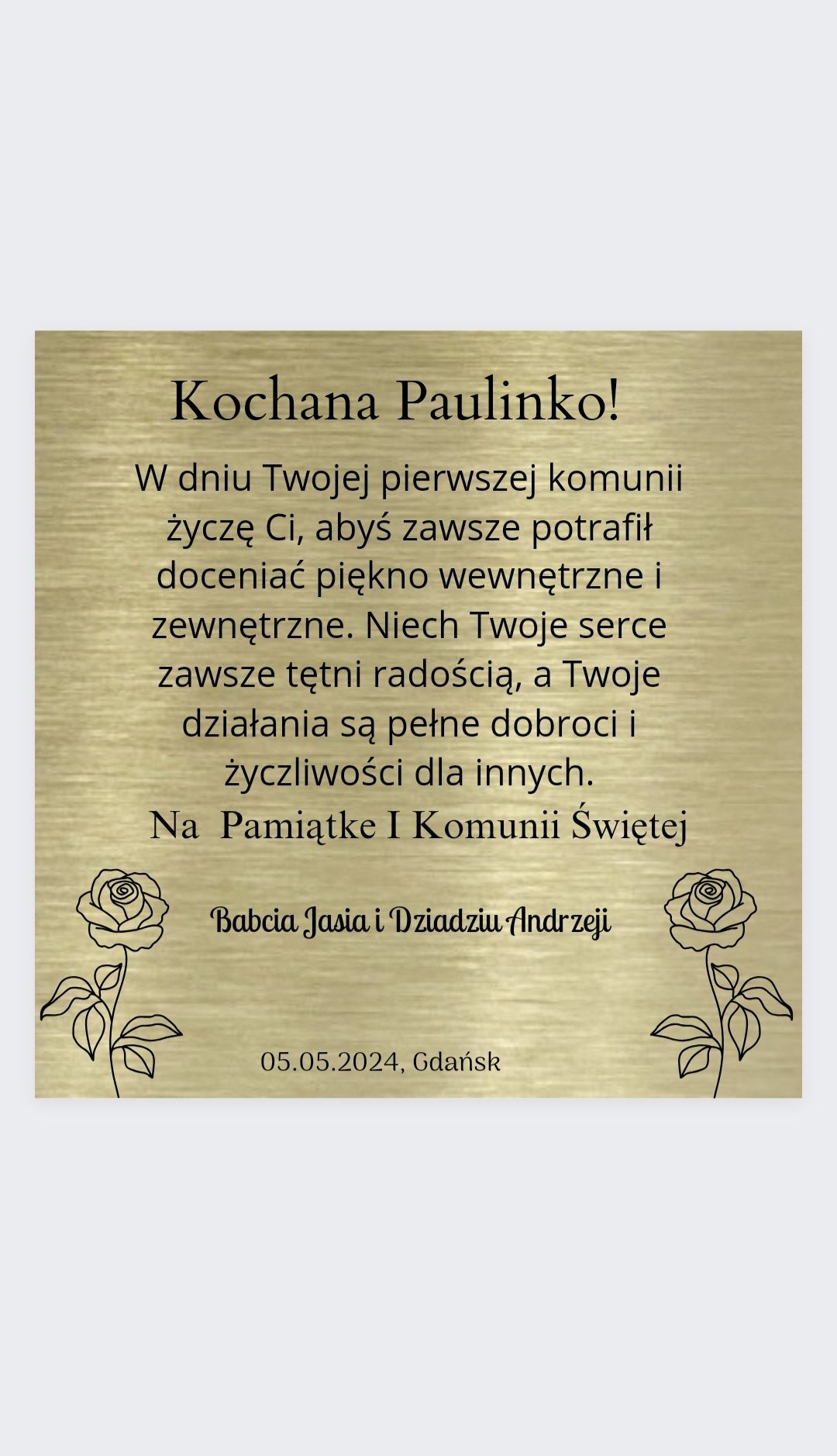 Elegancka personalizowana aluminiowa kartka na komunie inne premium