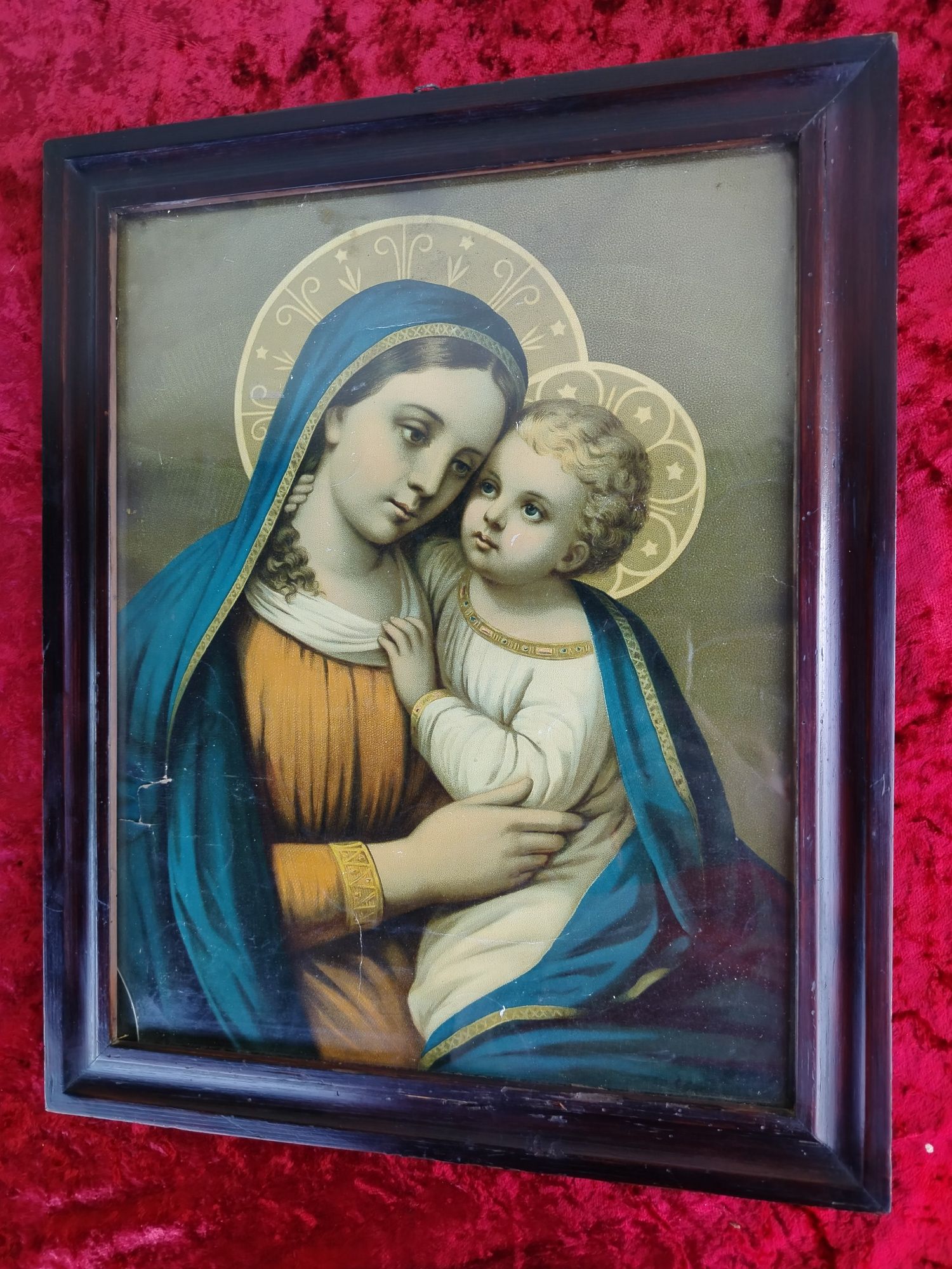 Stary obraz oleodruk Matka Boska z Dzieciątkiem Jezus