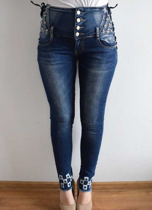 Denim orginal spodnie jeansy wysoki stan super high waist wiązane 38 m