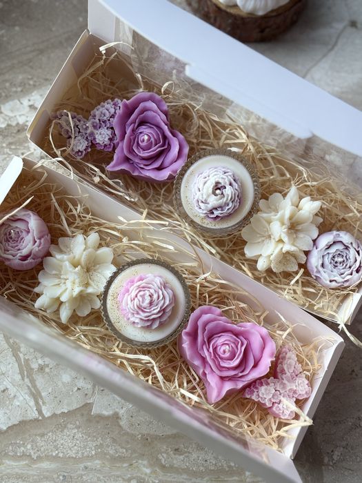 Zestaw zapachowych świec sojowych + szklany tealight prezent box róż