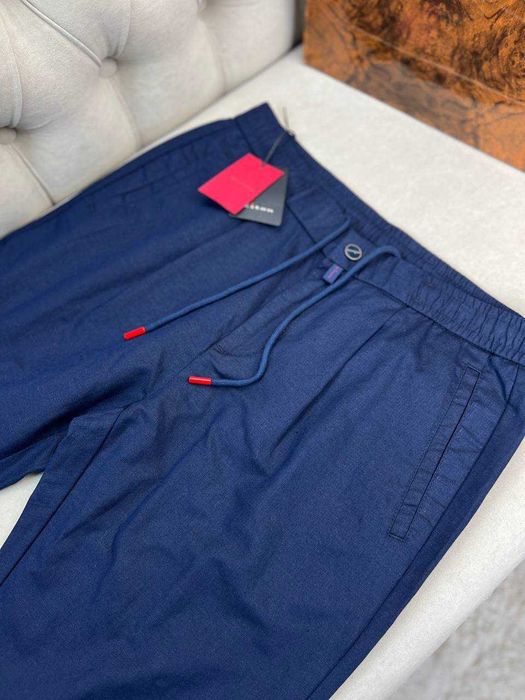 Мужские льняные брюки Kiton классические синие штаны Китон d070