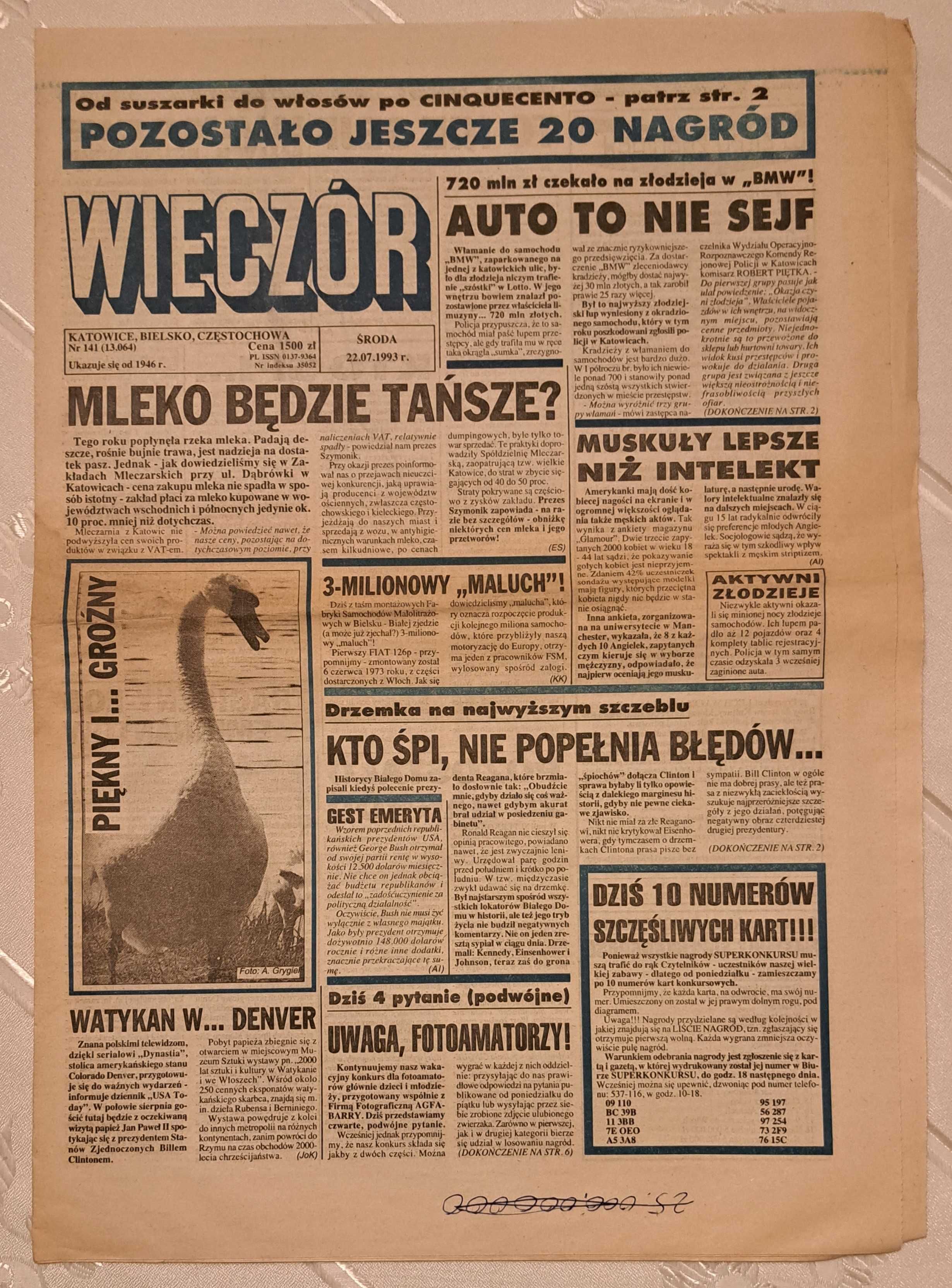 ,,Wieczór " -dziennik p.południowy - 1993 - Katowice , Bielsko,