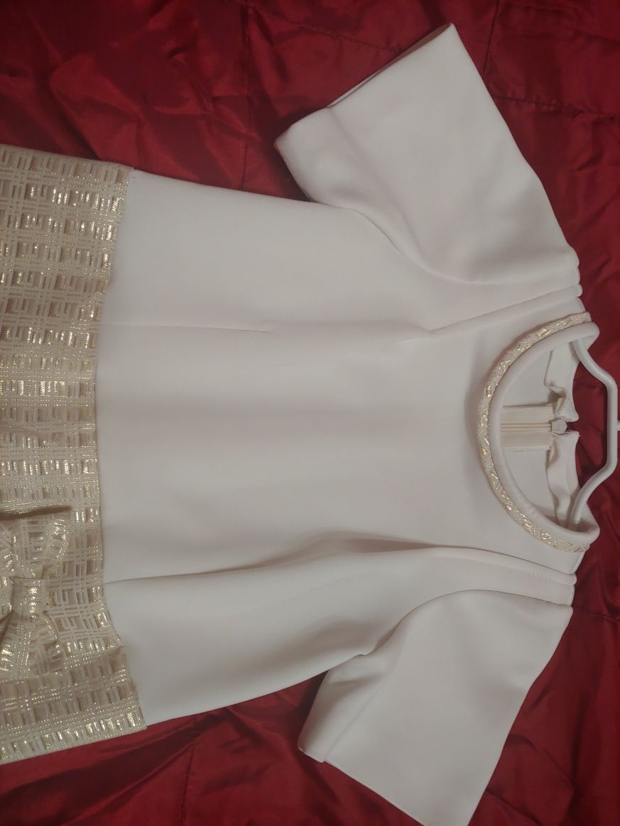 Sukienka elegancka biało-złota 128 krótki rękawek wesele komunia
