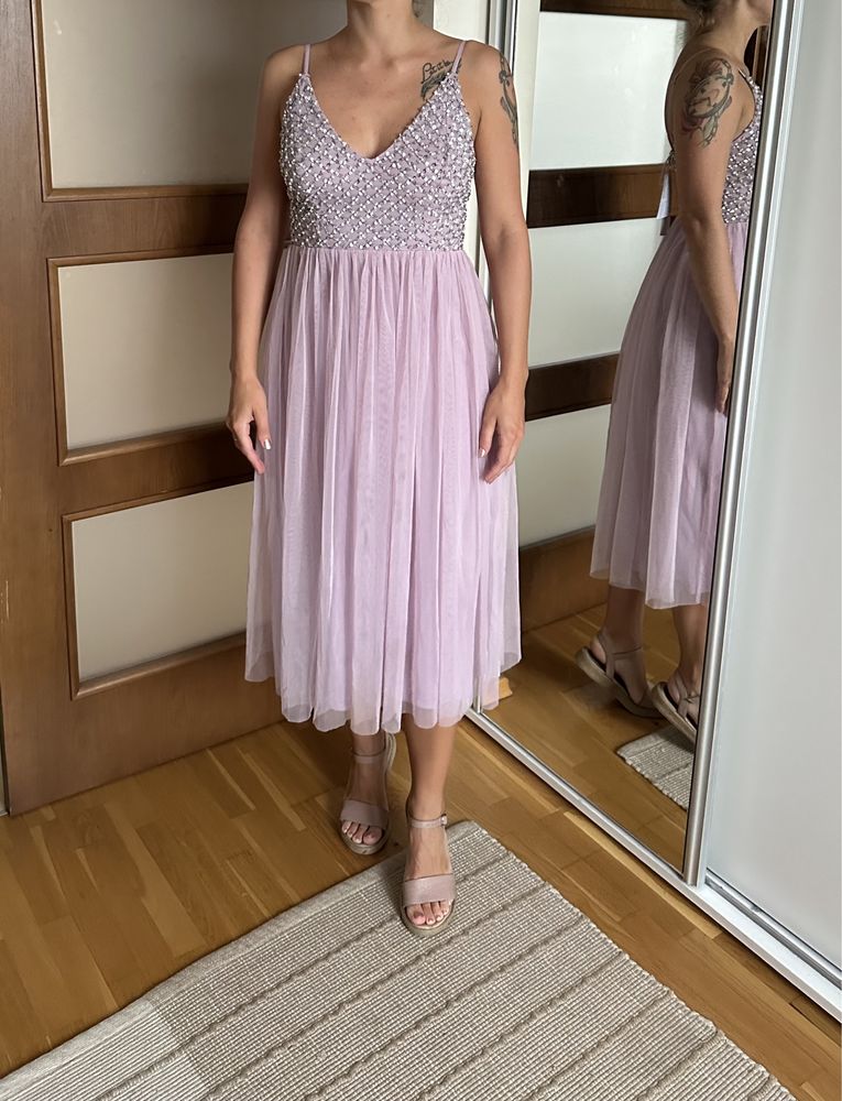 Lace beads midi leonorah sukienka zdobiona tiul wesele XS koraliki