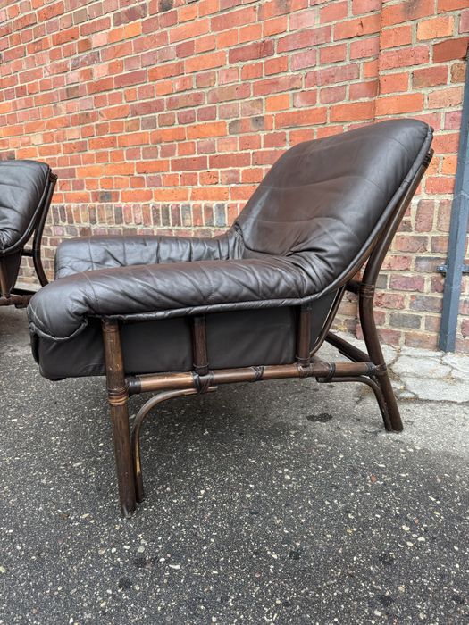 Brutalistyczna skórzana sofa z fotelem,rattanowy stelaż,lata70.vintage