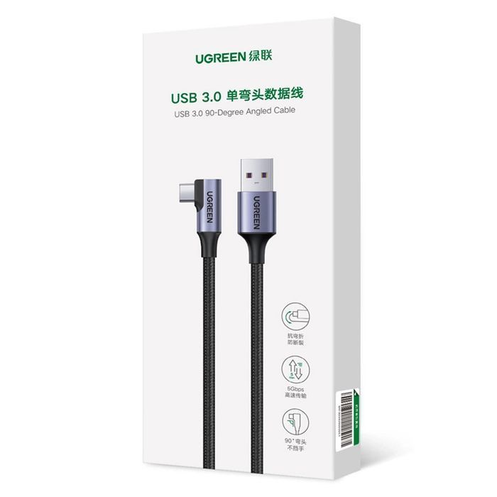 Kabel kątowy Ugreen US385 USB-A / USB-C 90º 5Gb/s 3A 1m - czarny