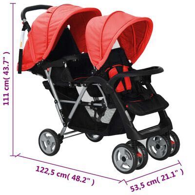 Wózek spacerowy dla bliźniąt, tandem czerwono-czar VidaxL