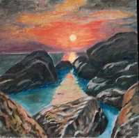 Картина-миниатюра "Восход на море". Масло, картон, 20*20 см