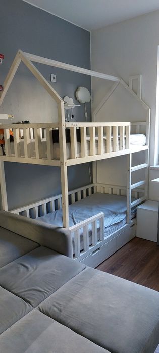 Łóżko piętrowe domek białe 160x80 materac