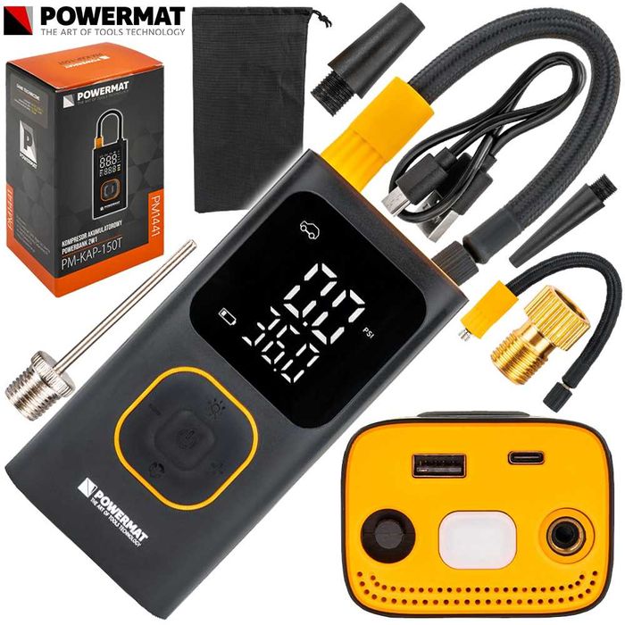 POWERMAT Kompresor Akumulatorowy Pompka 10 Bar Opon Piłek Auta PM1441