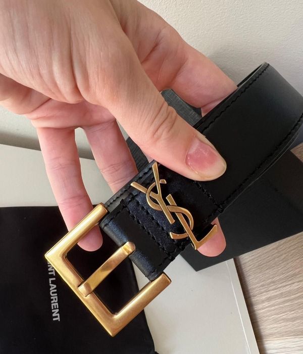 Nowy Skórzany Pasek Damski YSL czarny złoty