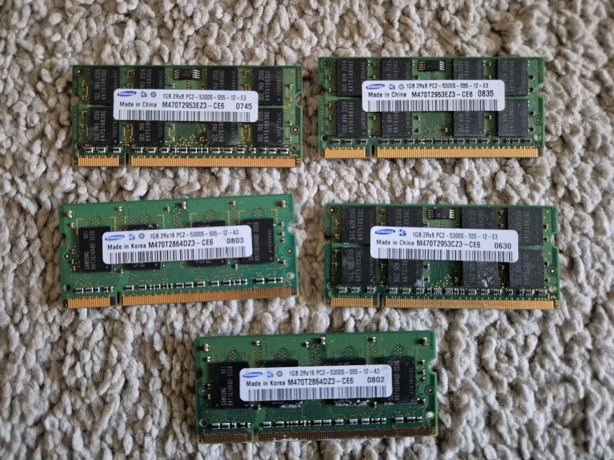 Conjunto de 5 Memórias RAM de Portátil 1G Samsung