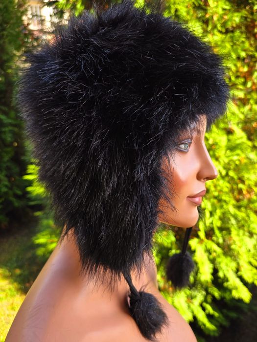 Wyprzedaż ! Nowa modna czapka uszatka damska czarna futerko