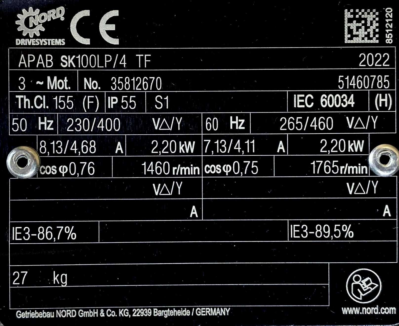 silnik elektryczny 2,2kW 1460obr. 3fazowy NORD IE3 do reduktora