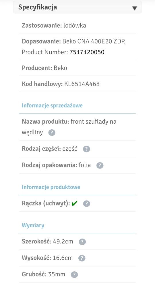 Szuflada front szuflady na wędliny do lodówki Beko CNA 400E20
