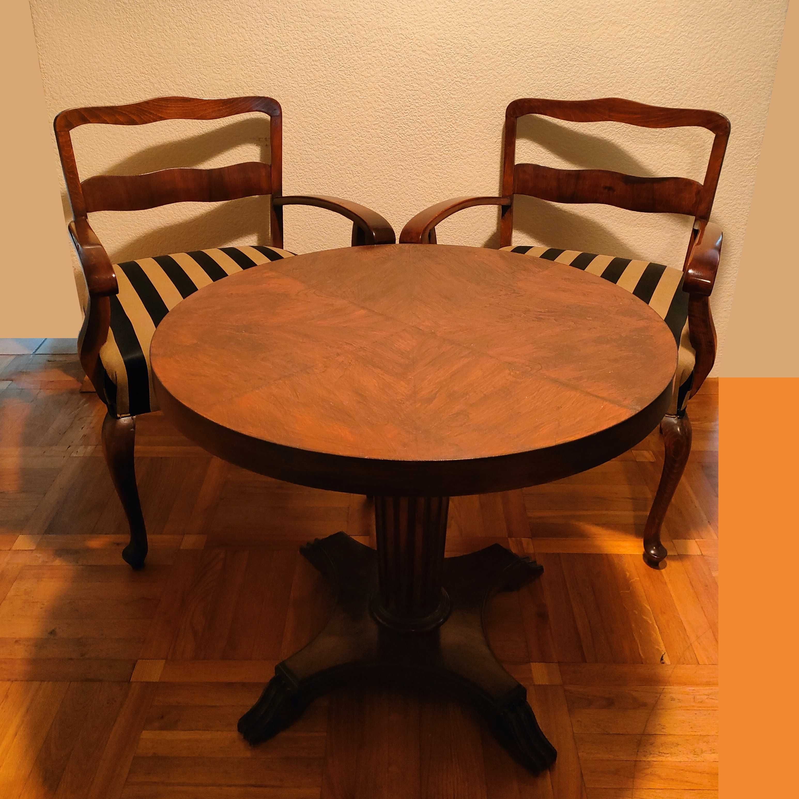 Komplet 2 antyczne fotele i stolik okrągły / meble fotel stół krzesło