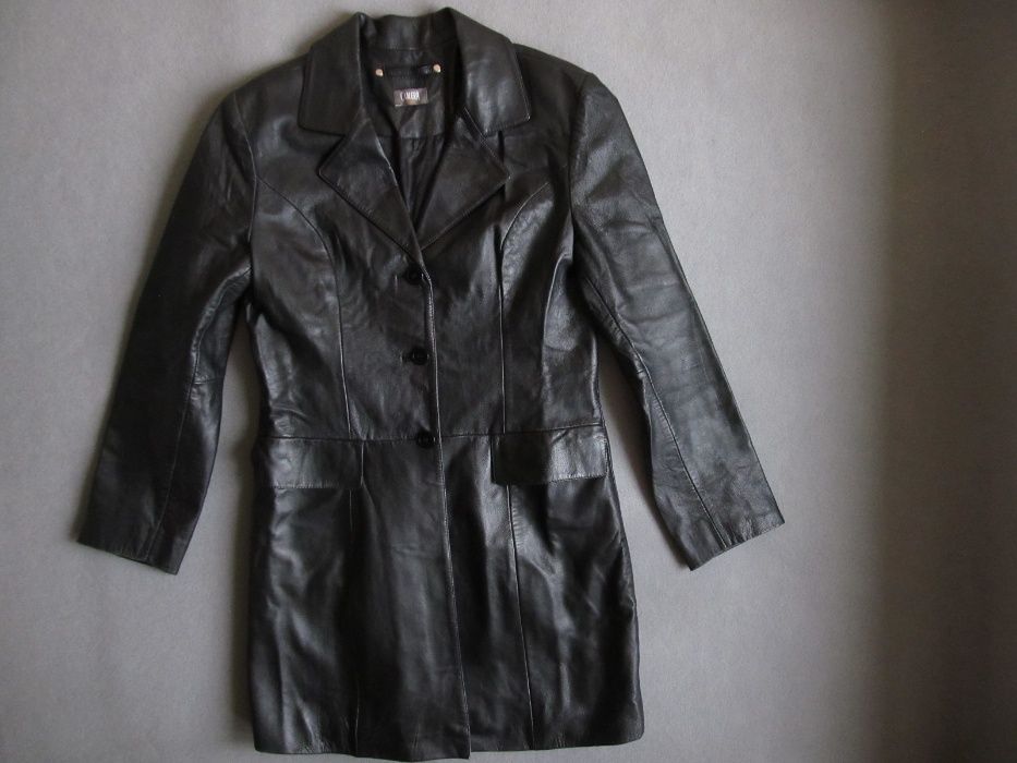 172 cm M 38-40 skóra taliowany czarny damski płaszcz skórzany jak nowy