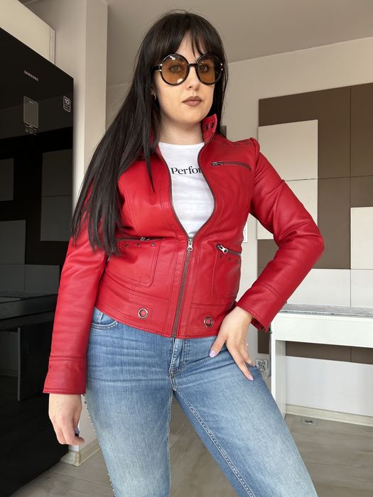 Damska kurtka skórzana czerwona leather M 38 L 40 krótka na wiosnę