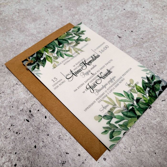 Zaproszenia ślubne Z KALKĄ, zielone liście, eko, rustykalne
