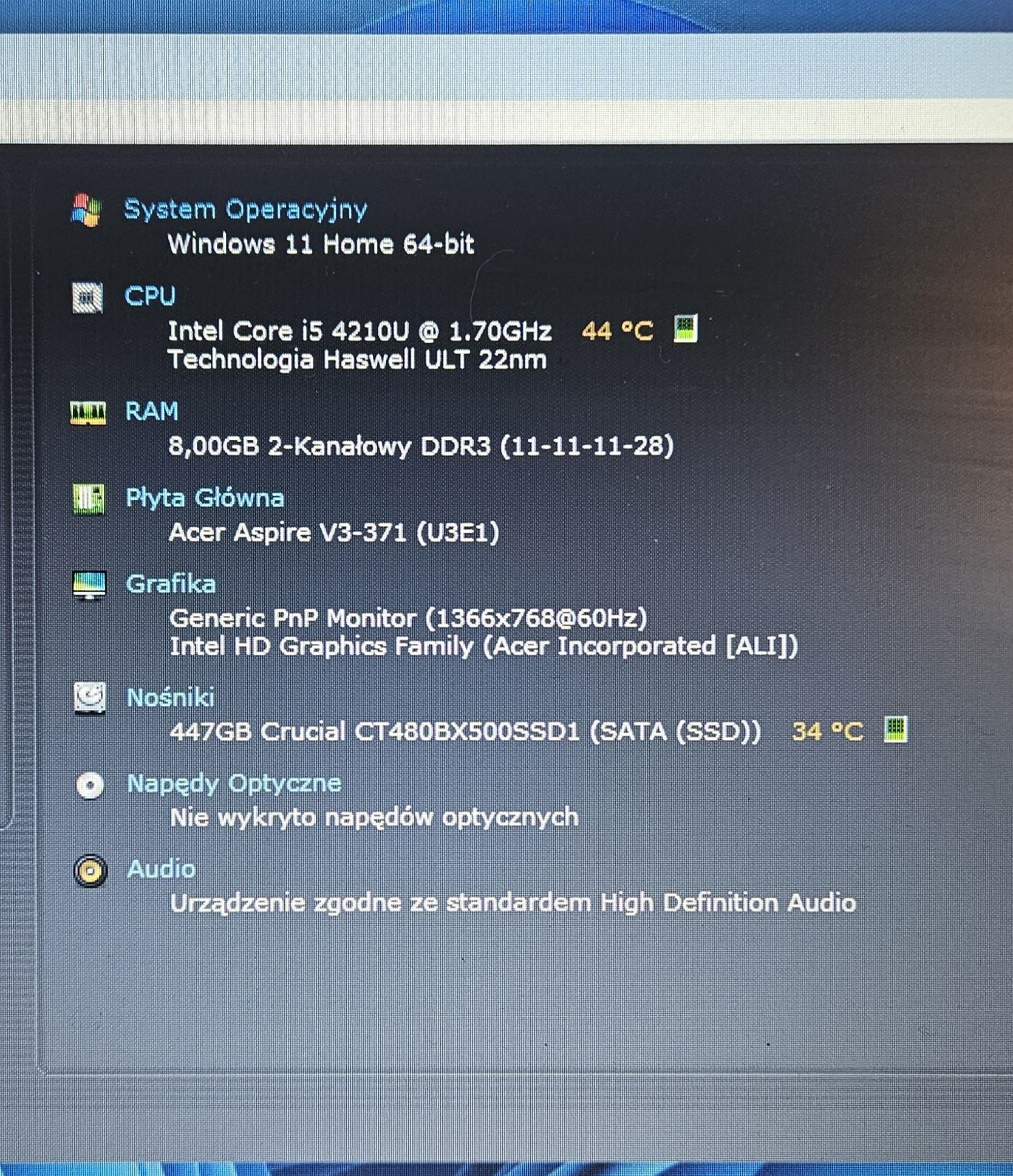 Acer Aspire V3-371 i5-4210U, 2x2.10GHz, 8GB DDR3, SSD 480GB, stan idea