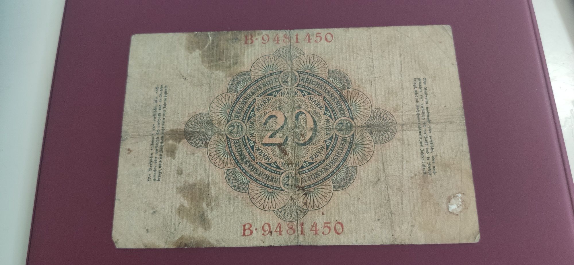 Nota 20 Marcos Reichbanknote Alemão 1910 rara