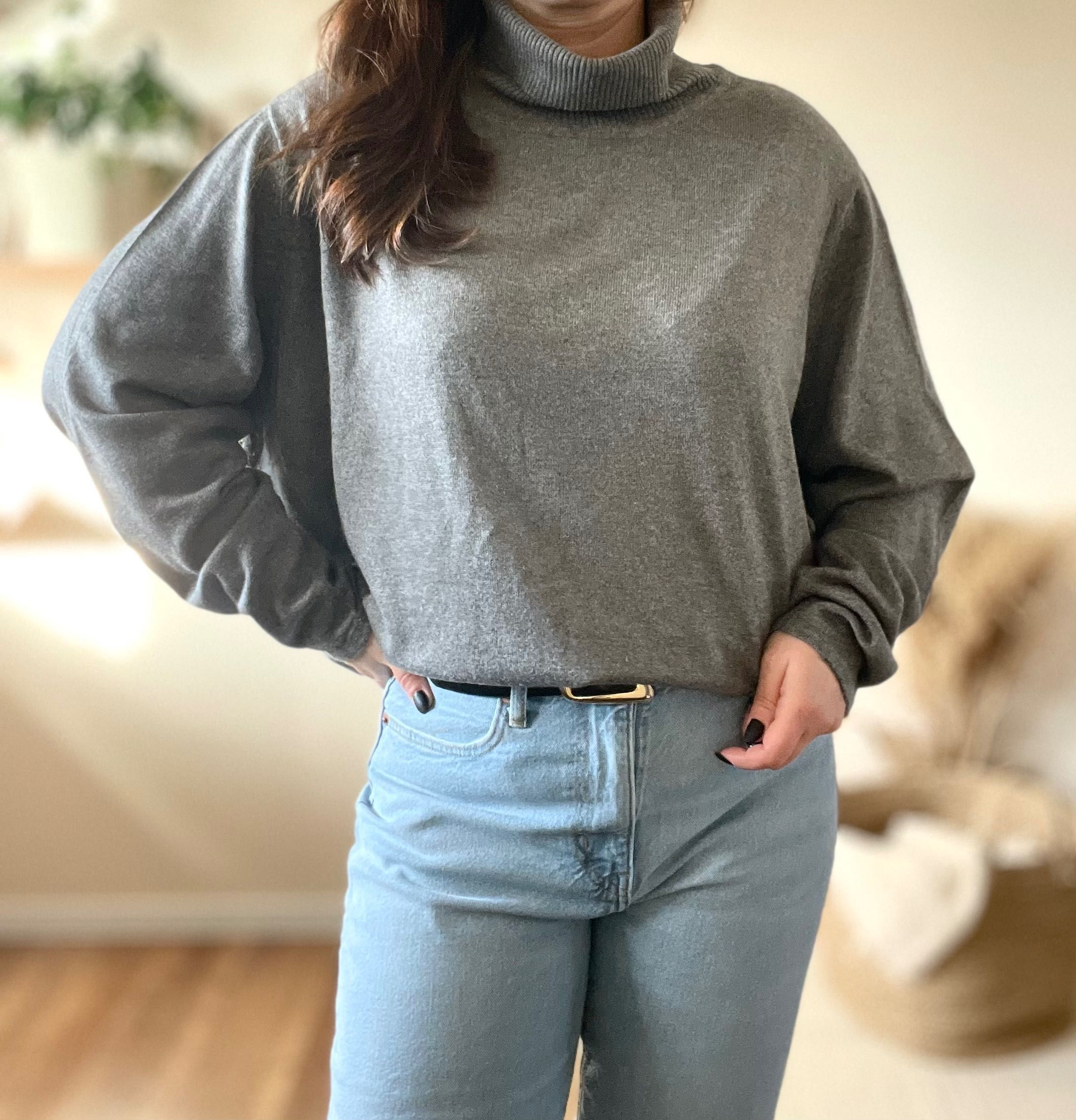 Sweter z golfem oversize szary luźny szeroki wiskoza z rękawem 46 48