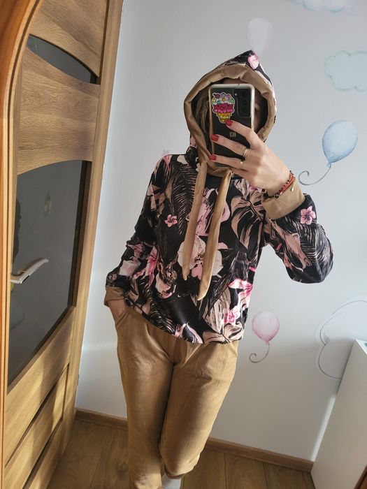 Komplet welurowy dres brazowy / beżowy bluza z kapturem L