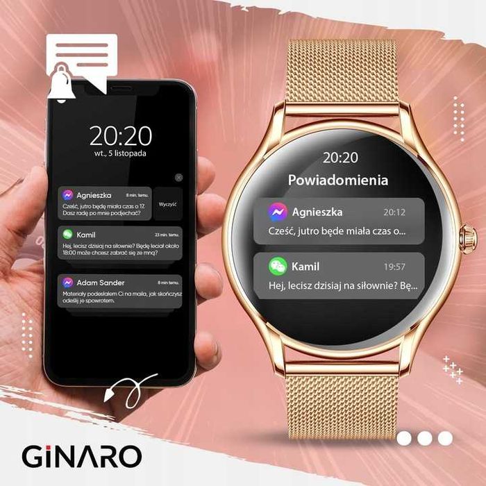 Smartwatch damski złoty zegarek elegancki kroki zdrowie pomiary muzyka