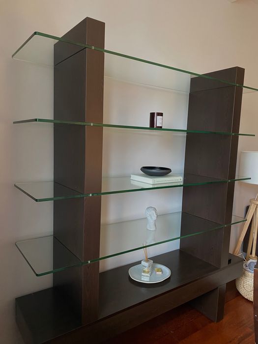 Regał z ciemnego drewna ze szklanymi półkami