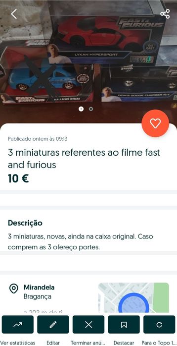 3 miniaturas referentes ao filme fast and furious
