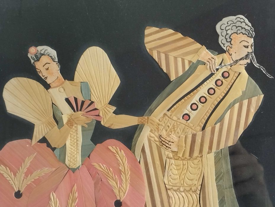 Obrazek w technice intarsji temat tańce Polonez Zofii Stryjeńskiej