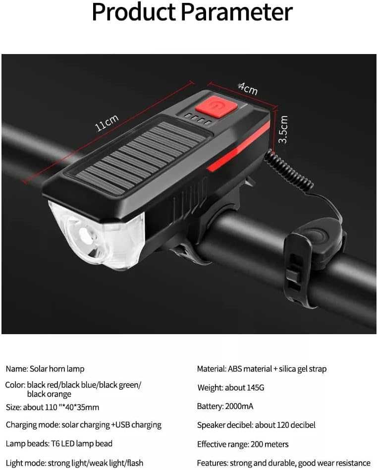 Luzes de bicicleta solar dianteira e traseira com sinal sonoro