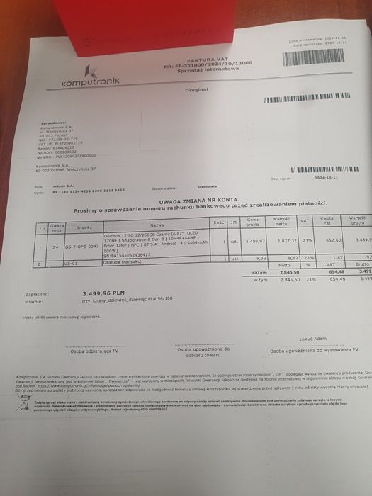 OnePlus 12 5G 12/256GB jak nowy Komputronik Gwarancja 10mies