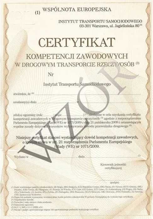 Udostepnię Certyfikat Kompetencji Zawodowych Przewoźnika Drogowego