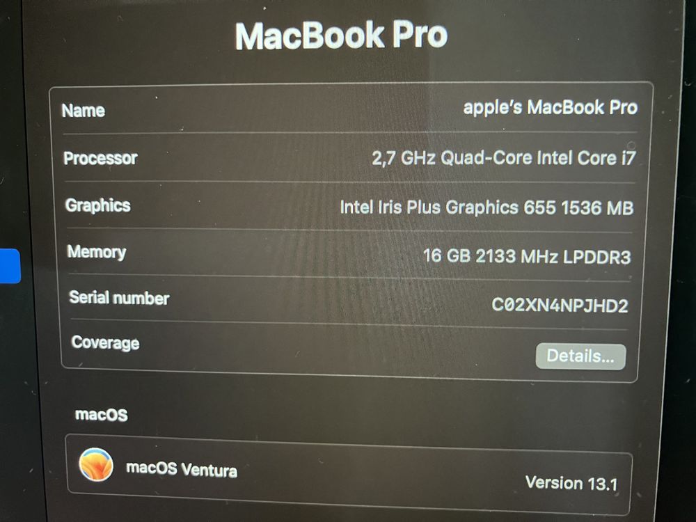 MacBook Pro 2019 13’’ Intel i7 touch bar 16GB RAM 1TB SSD