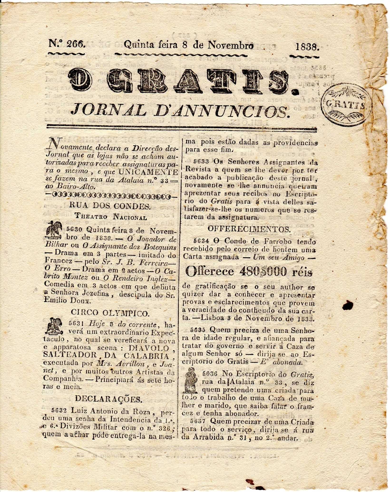 RARO Jornal "O GRATIS" - Jornal de Anúncios - 1838