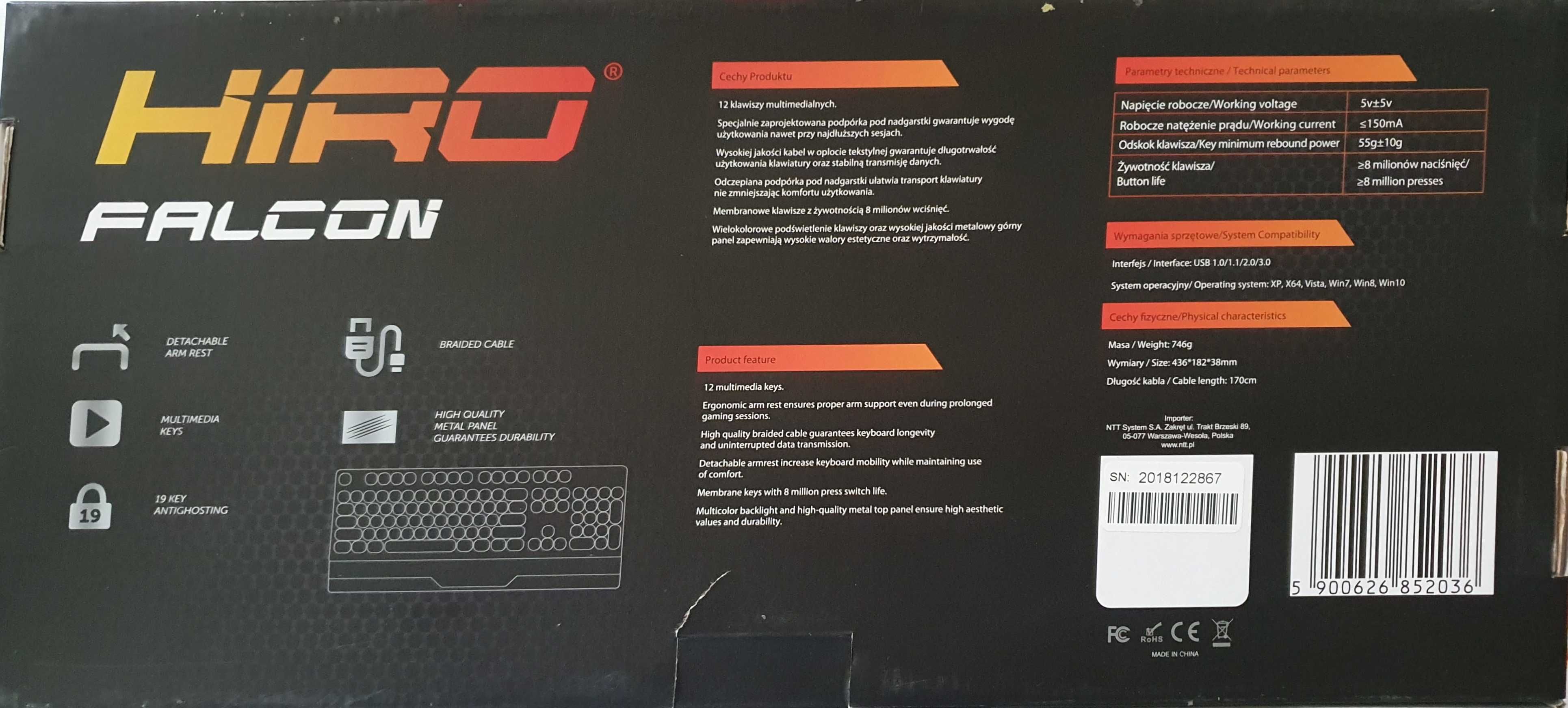 Klawiatura HIRO Falcon - wzmocniony gaming membranowa