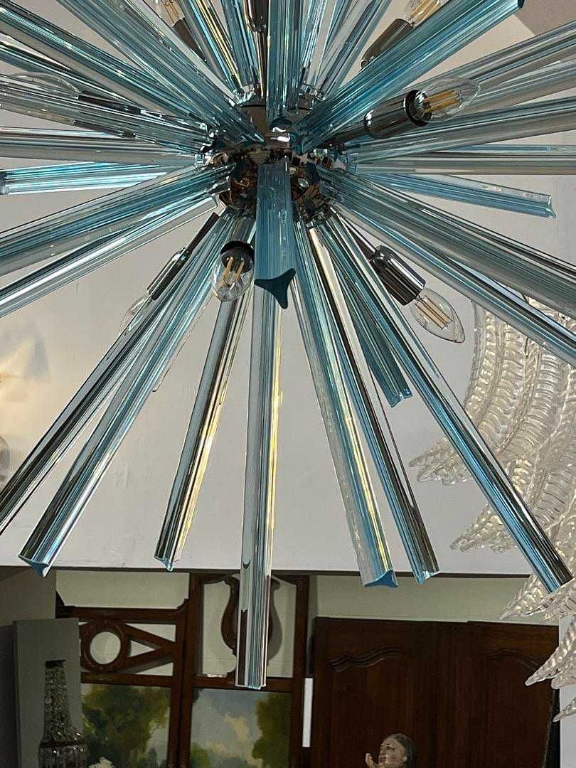 Lustre Sputnik 9 Lumes Vidro Azul e Metal Cromado - Itália Séc. XXI