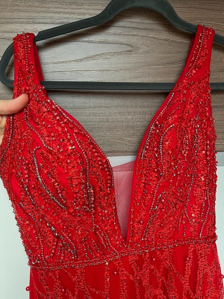 Suknia wieczorowa maxi kryształki koraliki długa czerwona sukienka S