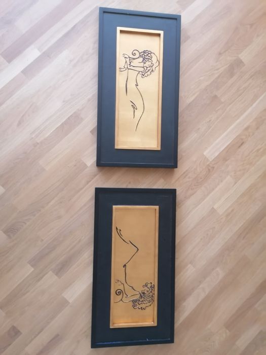 Obrazy kreską, malowane na desce, kobiety