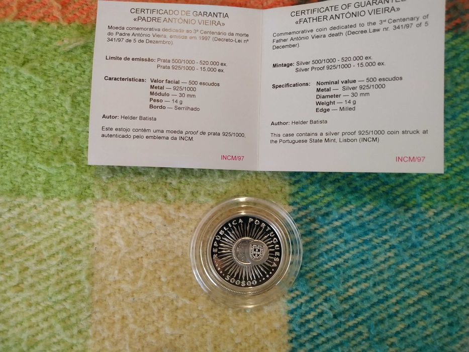 Portugal - moeda em prata proof de 500 escudos de 1997 P. A. Vieira