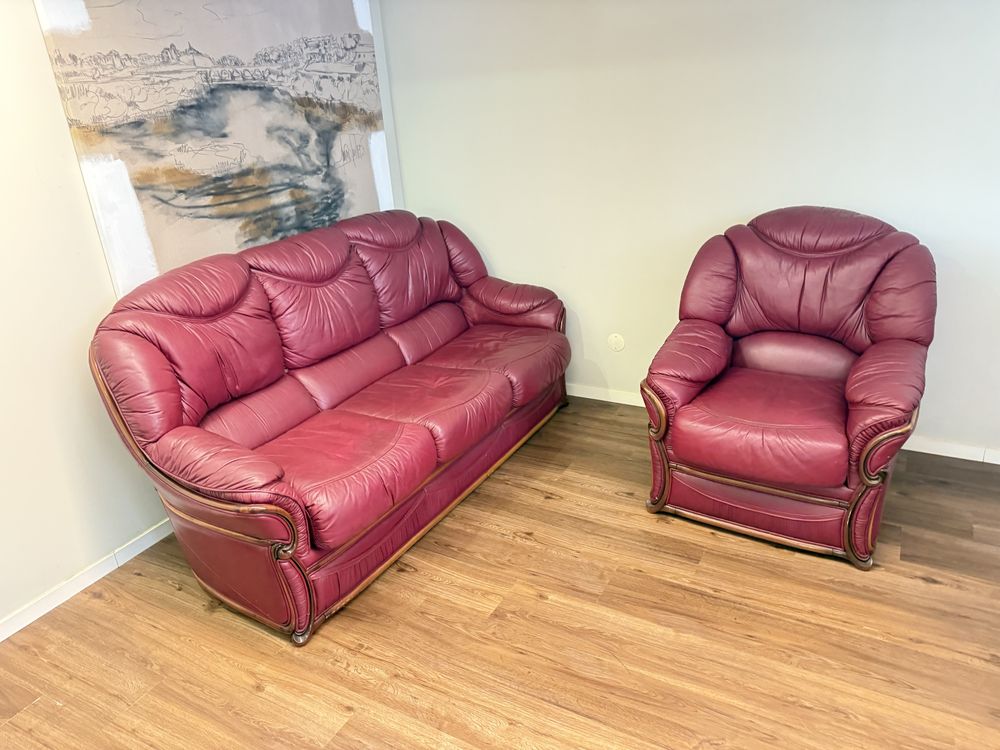 Sofa pele bordo 3 lugares + 2 individual