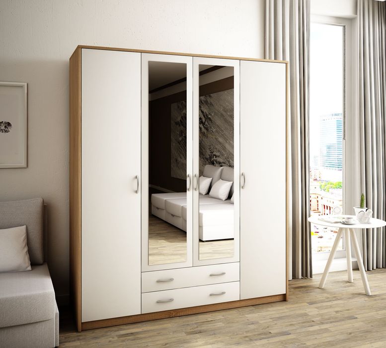 NOWA szafa 4-drzwiowa z lustrem - 193x168x55 - dąb sonoma+biały