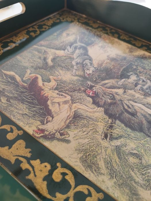 Drewniana taca z grafiką myśliwską ozdobna