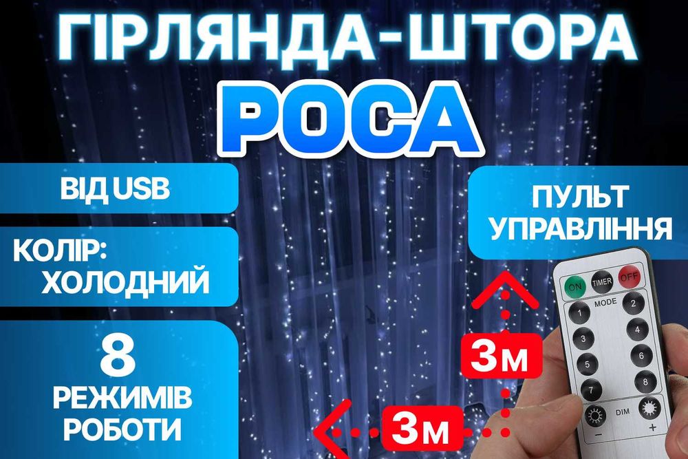 Світлодіодна гірлянда штора роса 3×3 м USB на вікно