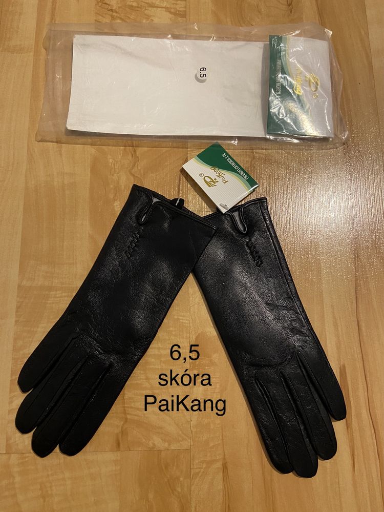 PaiKang czarne damskie rękawiczki skórzane skóra rozm 6,5 nowe z metką
