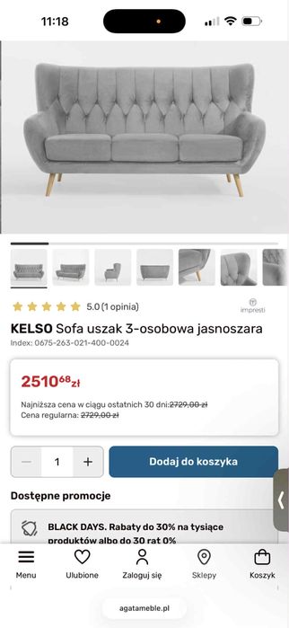 KELSO  SOFA USZAK 3 osobowa jasnoszara.