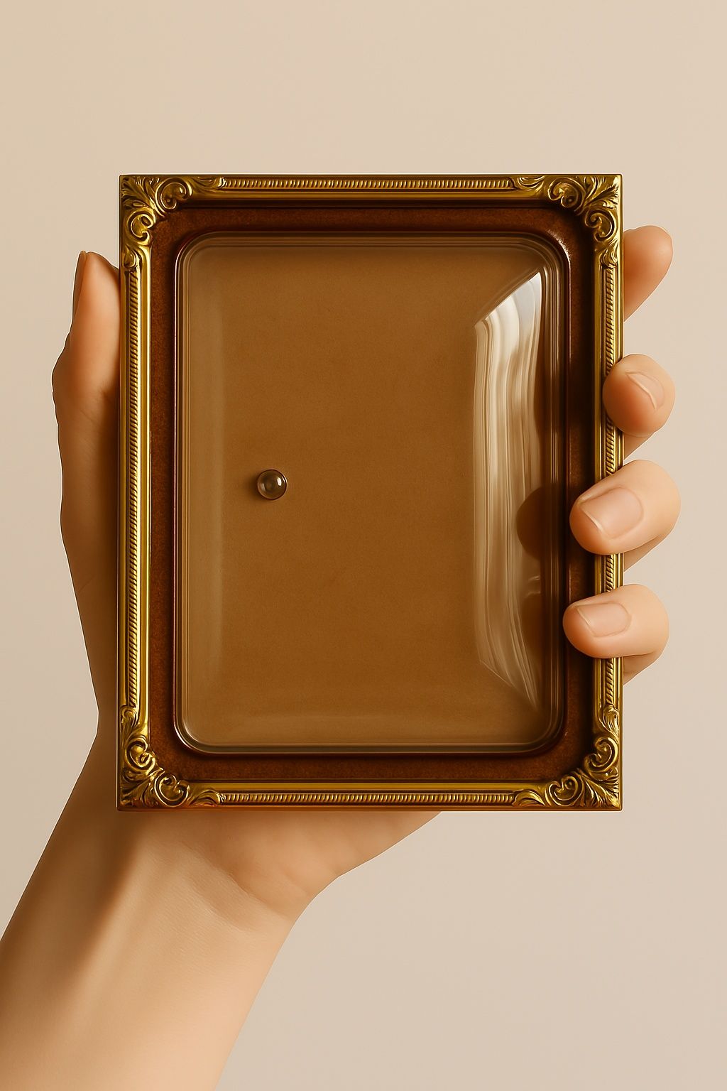 Stara mosiężna ramka z wypukłym szkłem, lata 20. XX wieku